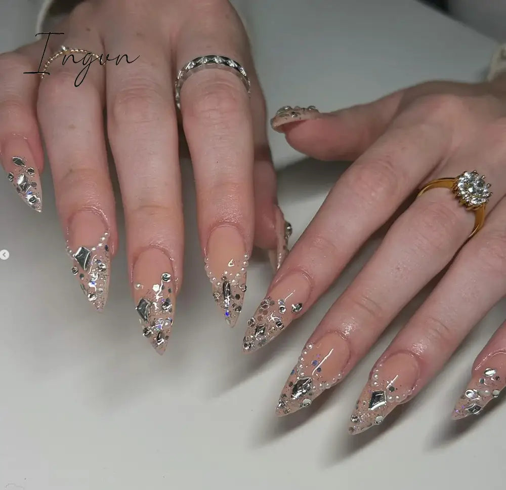 10Pcs Handmade Nails Set Press on Long Almond False Nail with Rhinestone Pink Camellia Design Reusable Full Cover Fake Nail Tips