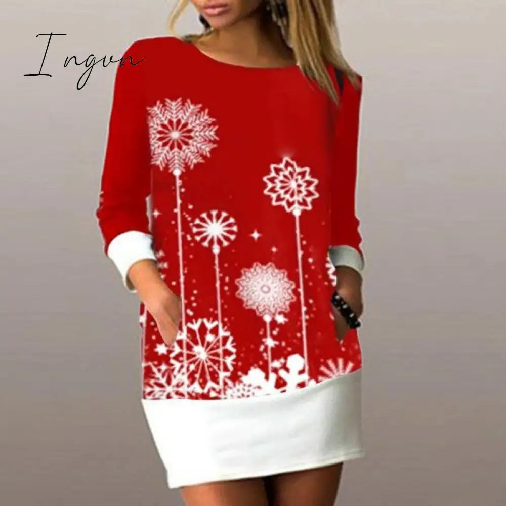 Ingvn - Autumn Women Elegant Floral Print Patchwork Dress Casual Long Sleeve Straight Dresses Female Long Sleeve Loose Vintage Vestidos