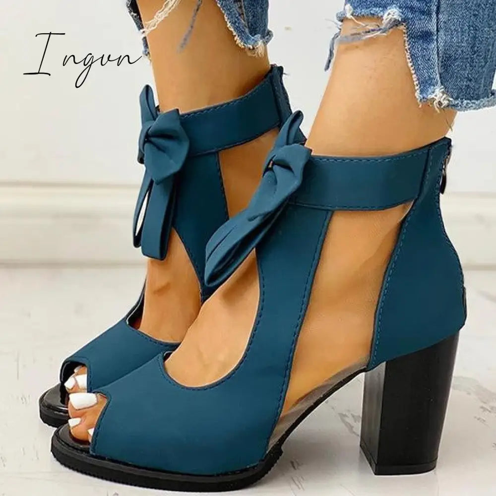 Ingvn - Peep Toe Mesh Insert Bowknot Chunky Heeled Sandals
