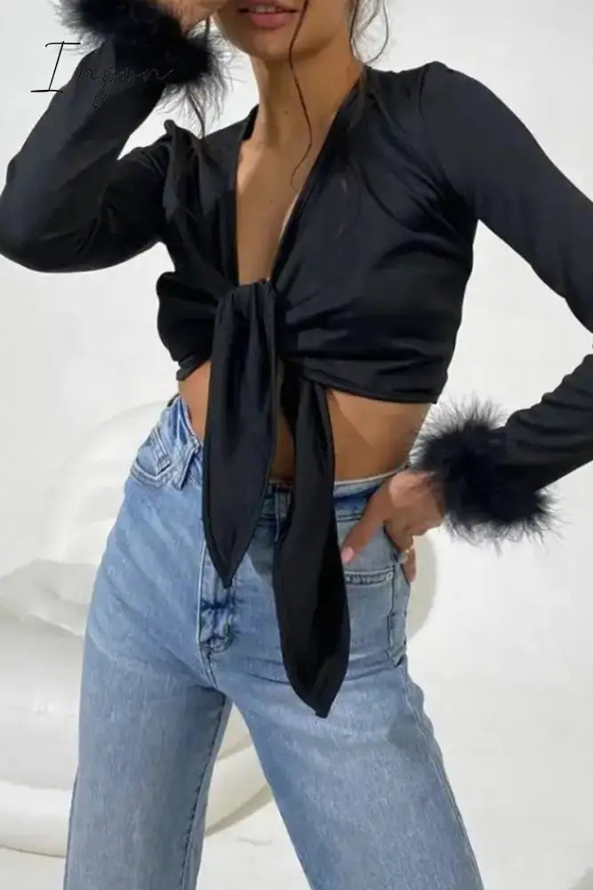 Sexy Solid Feathers Knotted V Neck Tops
