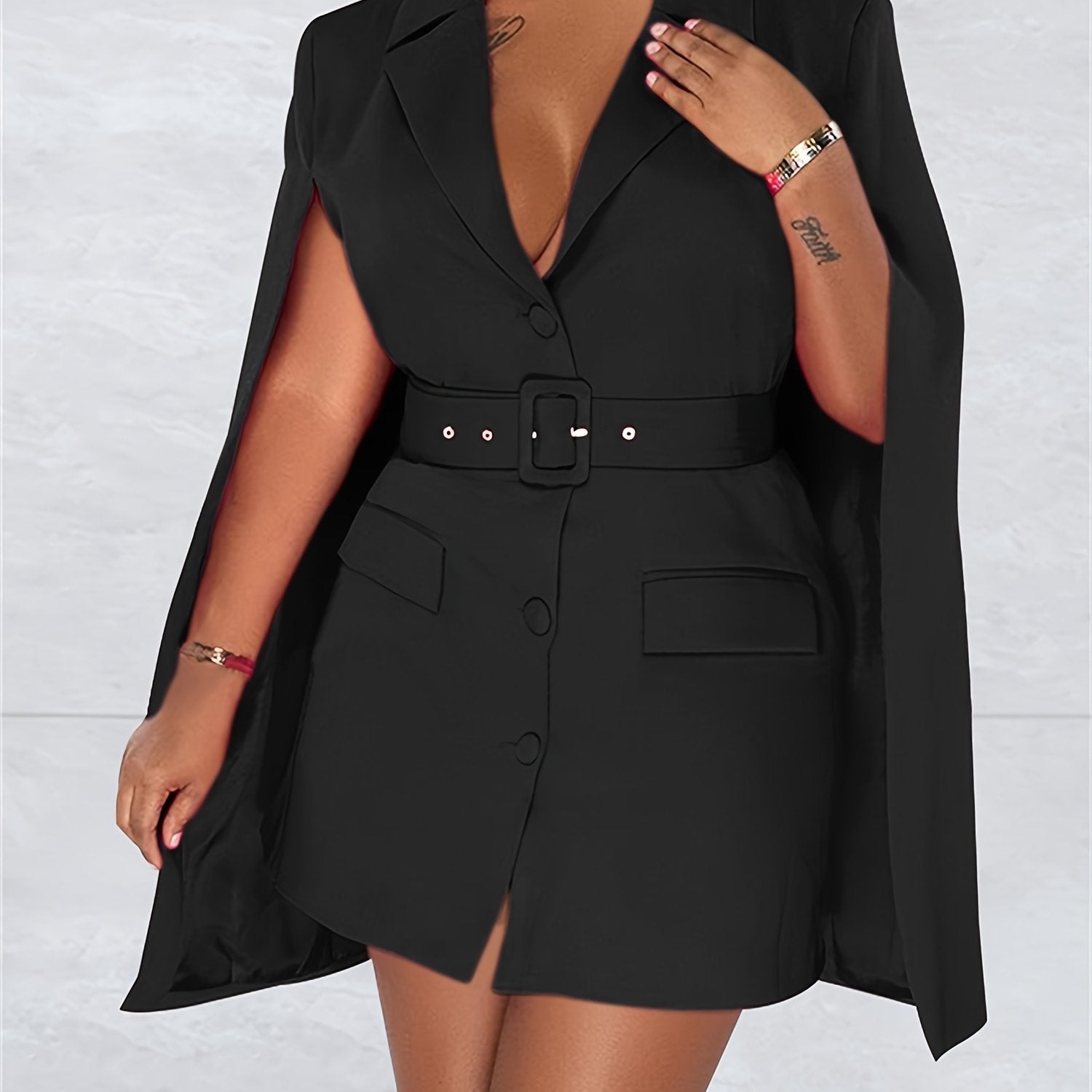Cape Sleeves Lapel Collar Mini Dress With Belt And Button Front For Fall Winter 2024, Elegant Style, Prefect For Semi Formal Occasion, Wedding Guest And Church