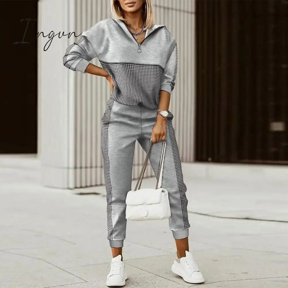 Ingvn - Spring Autumn Women Fashion Print Splicing Tracksuits Two Piece Sets Female Casual Long Sleeve V Neck Top Jogging Pant Suit