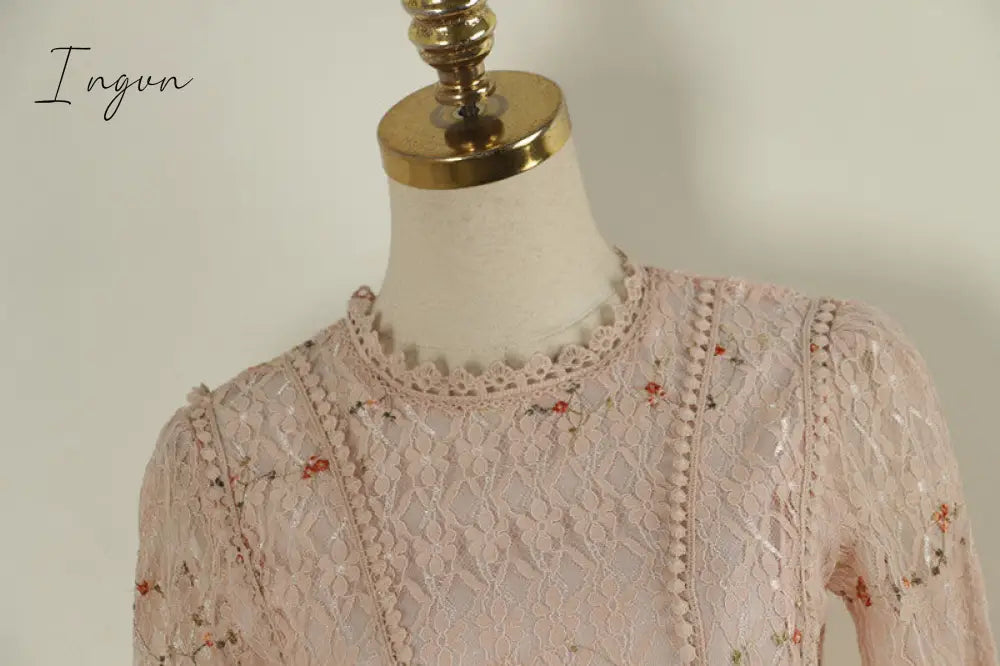 Ingvn - Pink Lace Embroidery Maxi Dress Female spring Winter Full sleeve high waist Ruffle elegant Long party dresses Woman