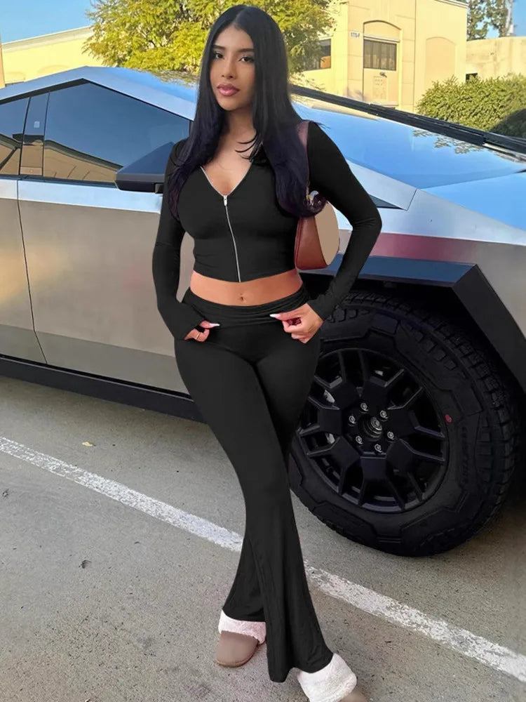 Hooded Top And Trousers Two Piece Sets Women Fashion Zipper Long Sleeve Tops And Flare Pant Female Casual Suit New