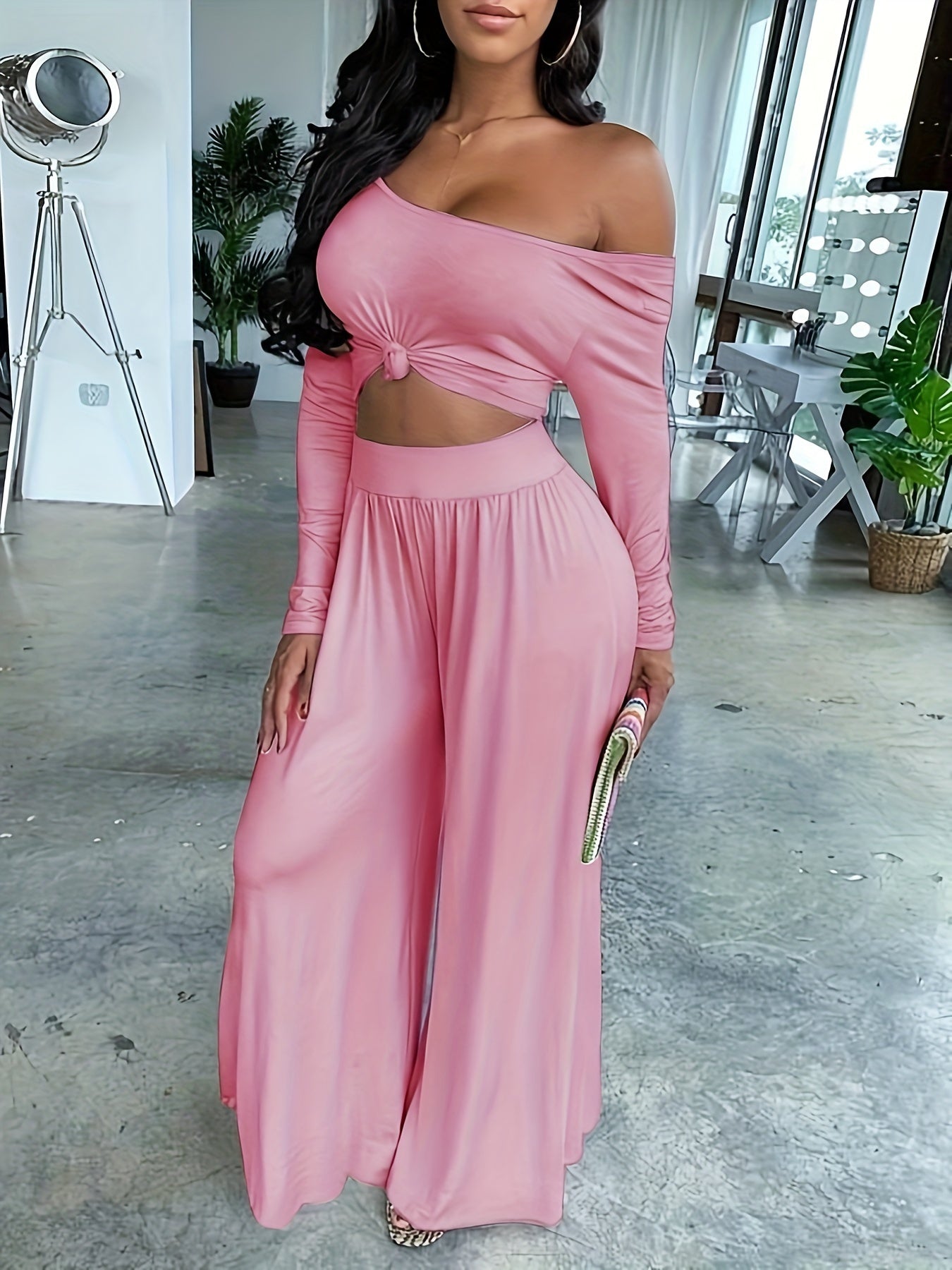 Long Sleeve Two-piece Set, Casual Solid Crop Top & Wide Leg Pants Outfits, Women's Clothing