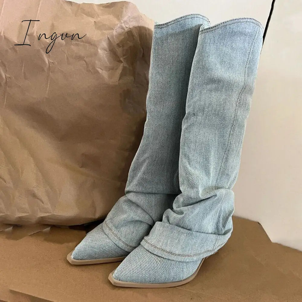 Ingvn - Pleats Blue Denim Thigh High Boots for Women 2023 Autumn Thick Heeled Pointed Toe Cowboy Boots Woman Slip On Western Long Boots