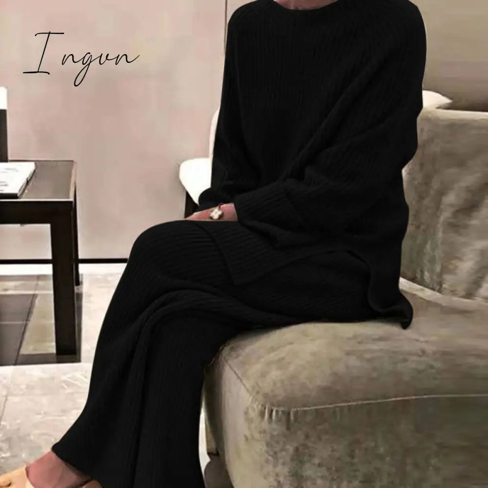 Ingvn - New Fashion Homewear Women Soft 2 Piece Set Autumn Winter Solid O Neck Pullover Tops Knitted Pants Elegant Lady Pajama Home Suit