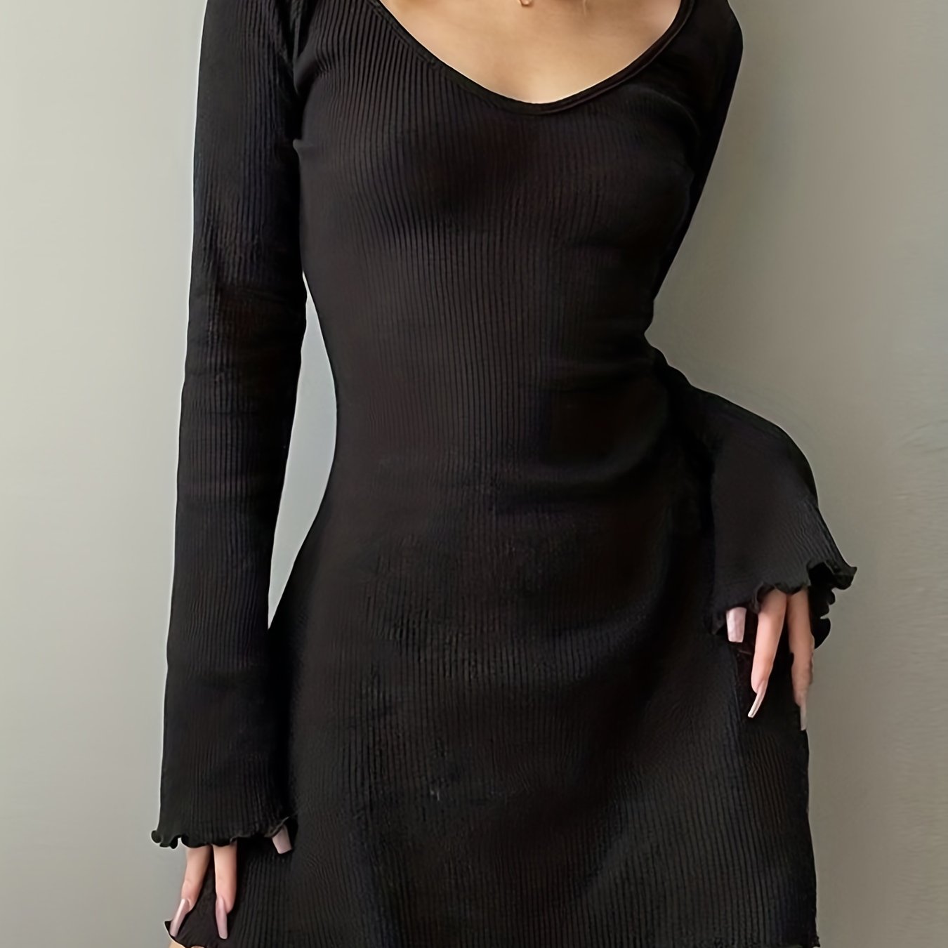 Stylish Solid Lettuce Trim Crew Neck Long Sleeve Dress - Elegant Women's Clothing for Everyday Wear - Comfortable, Relaxed Fit, Versatile, and Chic