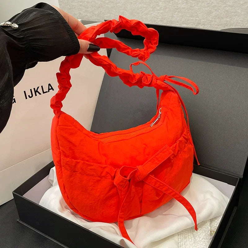 Ingvn  Popular Preppy Style Nylon Bow Hobo Bag Women Cute Pretty Pleated Shoulder Crossbody Bag Drawstring Exquisite Shoulder Bag