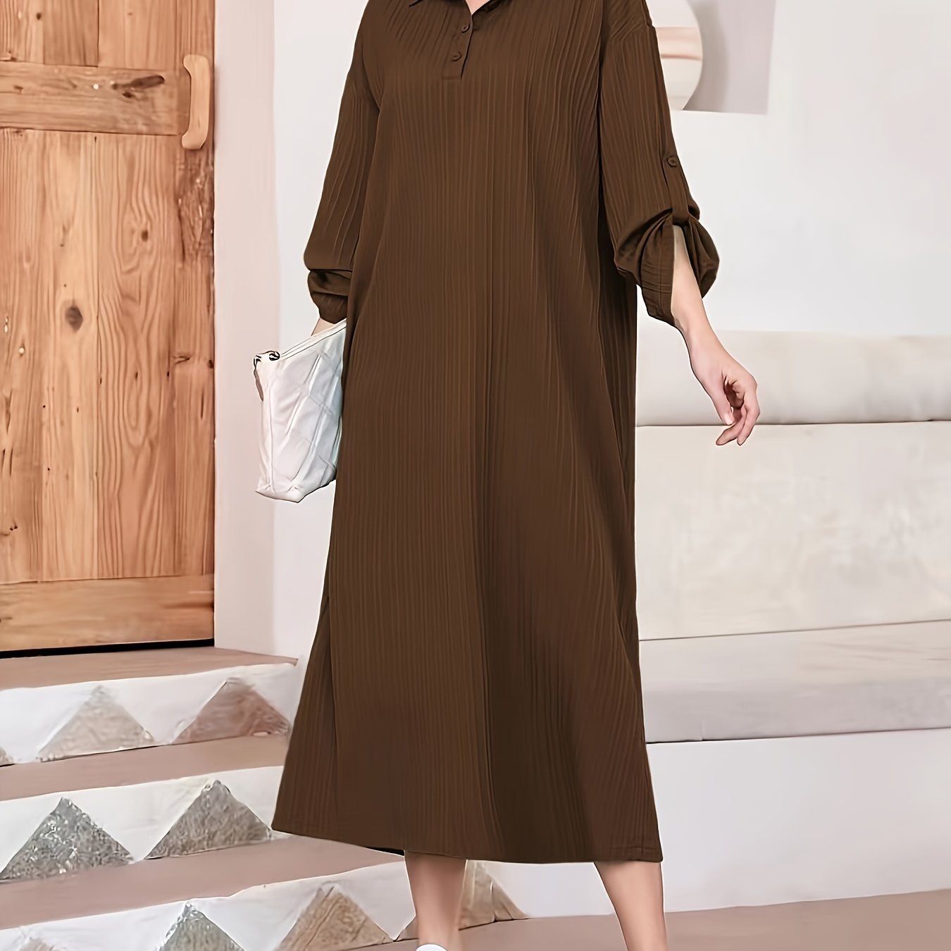 Elegant Women's Solid Textured Half Button Collared Midi Dress with Adjustable Long Sleeves for Spring & Fall