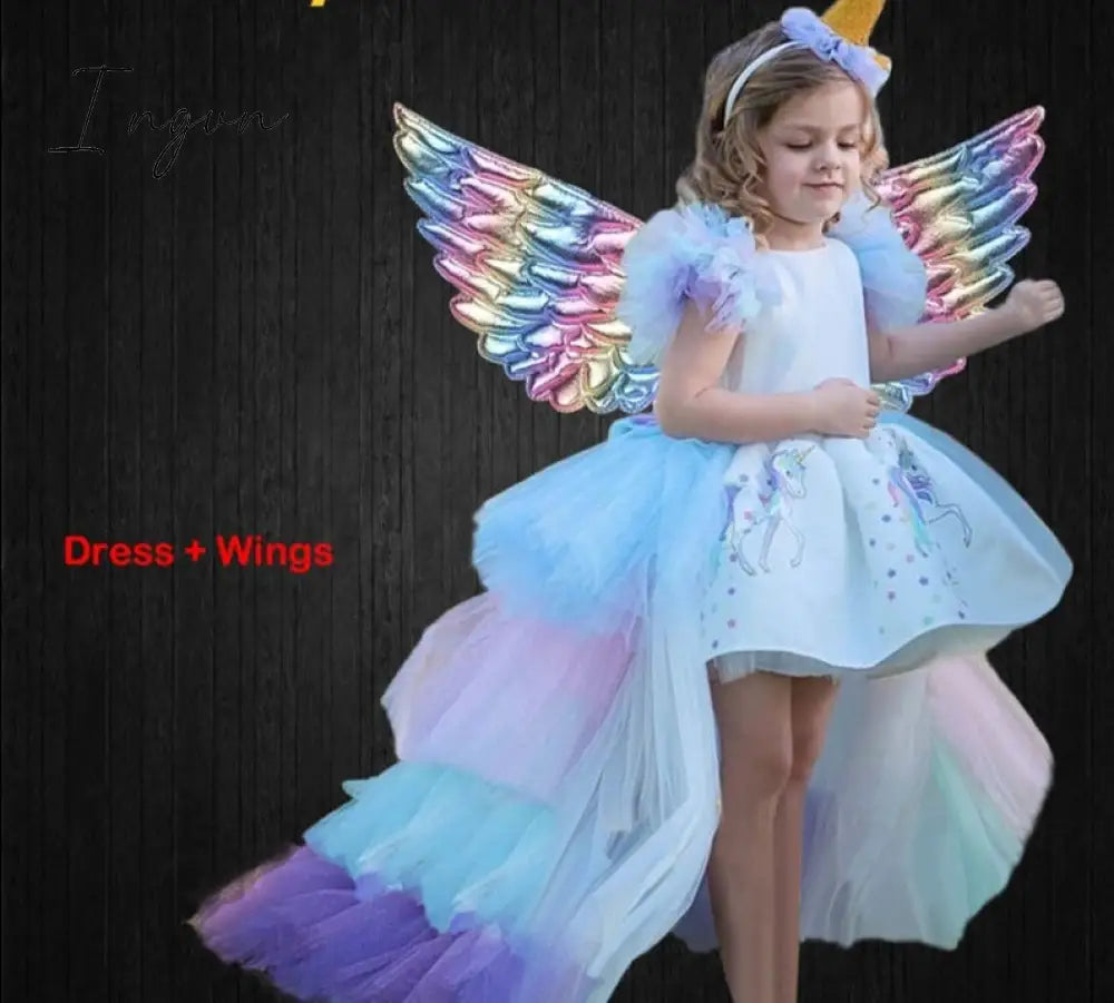 Ingvn - Christmas Girls Unicorn Dress with Long Tail + Wings Wig Hairband Baby Girl Princess Birthday Party Ball Gown Kids Horse Clothes