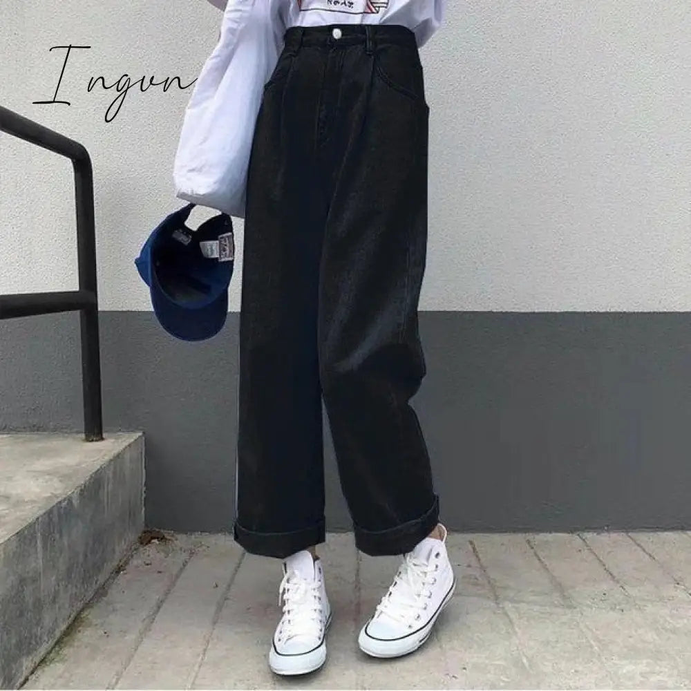 Ingvn - Jeans Women Solid Vintage High Waist Wide Leg Denim Trousers Simple Students All-match Loose Fashion Harajuku Womens Chic Casual