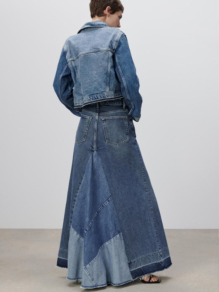 Voguable  denim skirt  spring new women's clothing Versatile fashion high waist contrast color patchwork casual denim skirt series