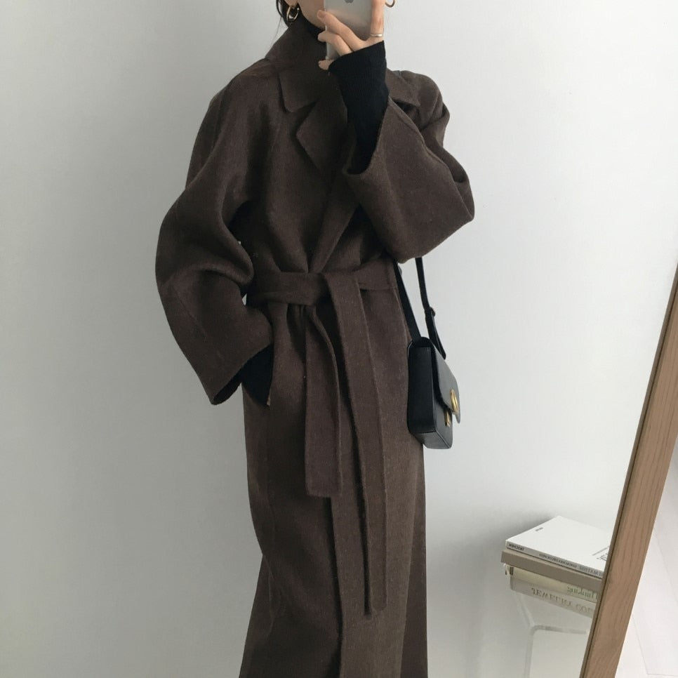 Autumn Winter Thicken Loose Wool & Blend Coats Women Elegant Lapel Full Sleeve Lace-up Oversized Female Outwear