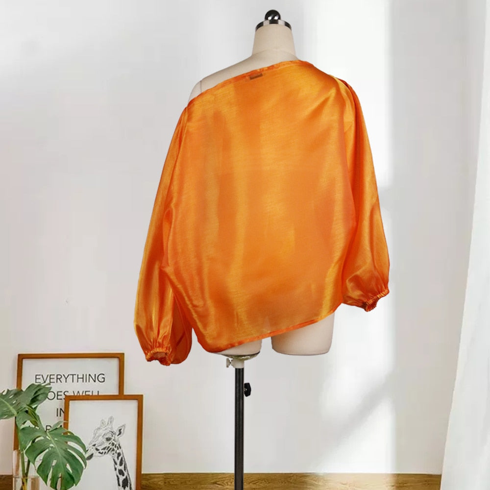 Women Blouse Off Shoulder Tops Shirt Transparent Long Lantern Sleeve Sexy See Through Spring Summer New Fashion Lady Dress 3XL