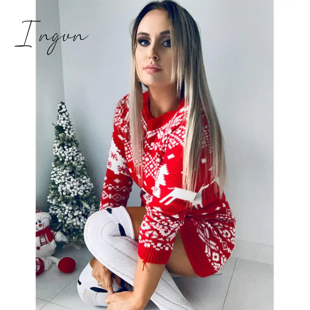 Ingvn - Fashion Autumn Winter Long Sleeve Loose Christmas Dresses Ladies Christmas Print A-line Mini Dress tops New Women