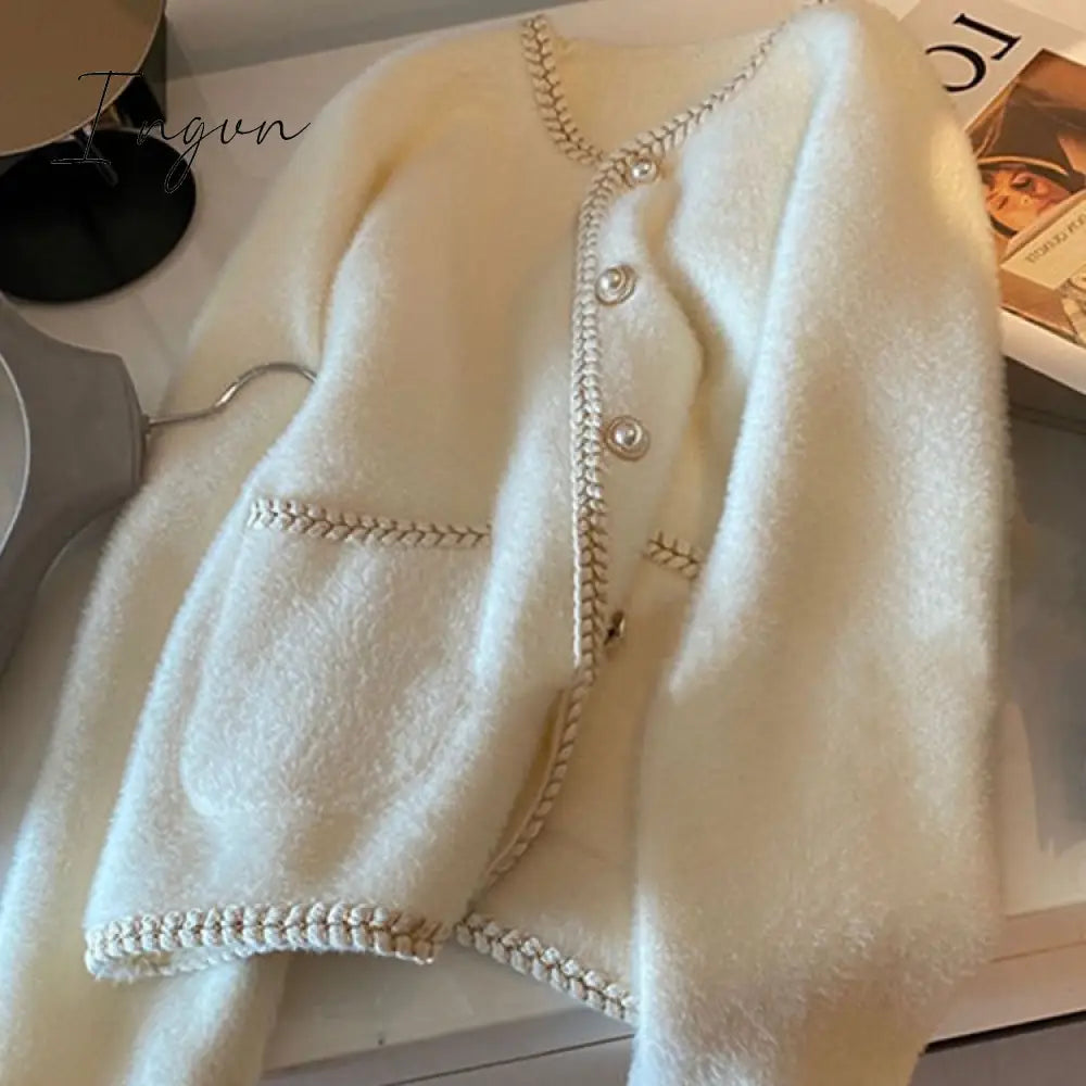 Ingvn - French Small Fragrance Pearl Button Sweater Cardigan Women's Top Gentle Mink Fleece Knit Jacket