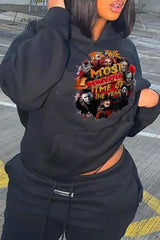 Ingvn - Black Vintage Character Draw String Hooded Collar Tops