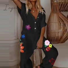 Ingvn - Summer Short Sleeve Eyelash Print Jumpsuit Casual Women Cotton Linen Playsuits V Neck Button Loose Overalls Romper Bodysuit