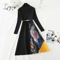 Ingvn - Autumn Winter Elegant Knitted Patchwork Gradient Pink Pleated Dress Women Long Sleeve Office One-Piece Sweater Dress With Belt