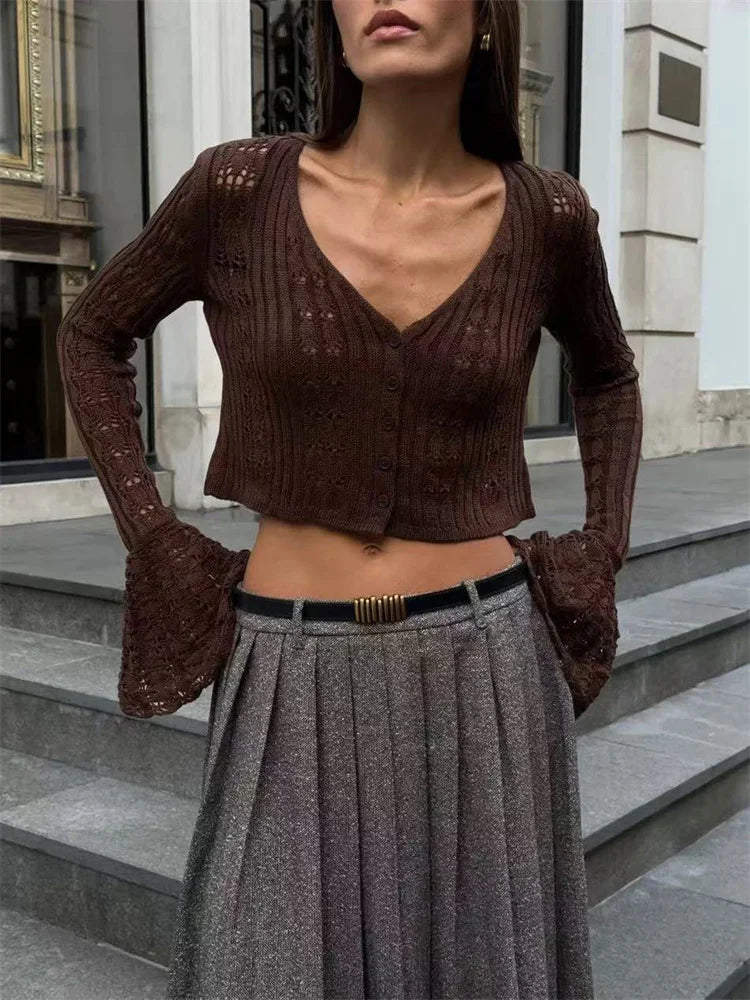 Knitwear Hollow Out Sweater Cardigan Women V-Neck Long Sleeve See-Through Cropped Top Summer Knit Patchwork Cardigan Top