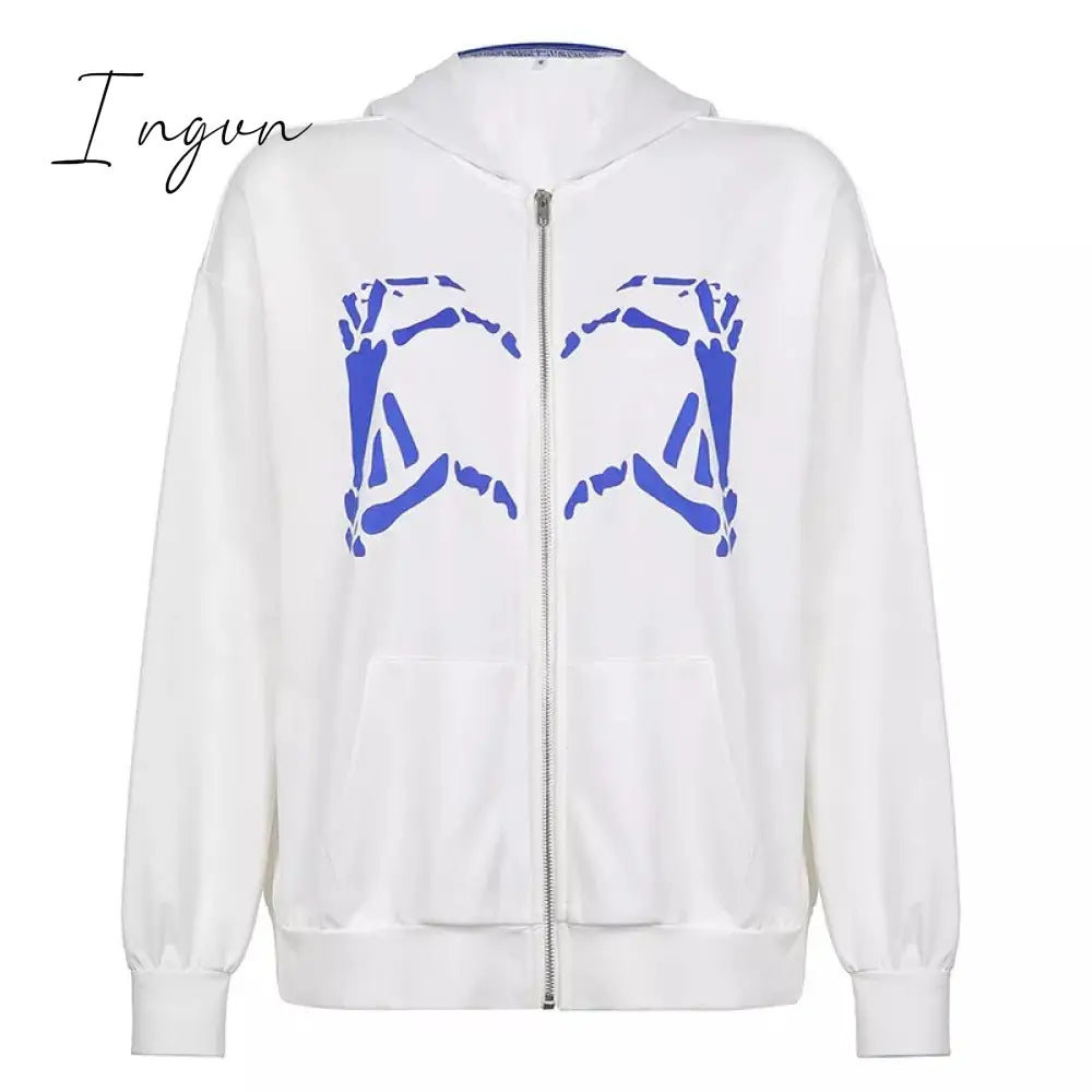 Ingvn - Spring Y2K Streetwear Women's Letter Embroidery Printing Punk Oversized Hoodie Women Hip Hop Couple Gray Zipper Sweatshirt Women