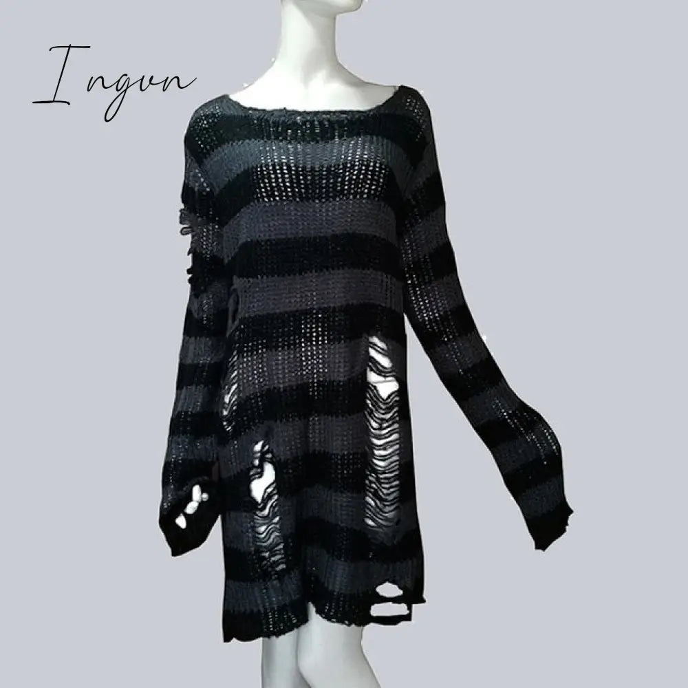 Ingvn - Plus Size Punk Gothic Long Unisex Sweater Dress Women Man Striped Cool Hollow Out Hole Broken Jumper Loose Rock Thin Sweter