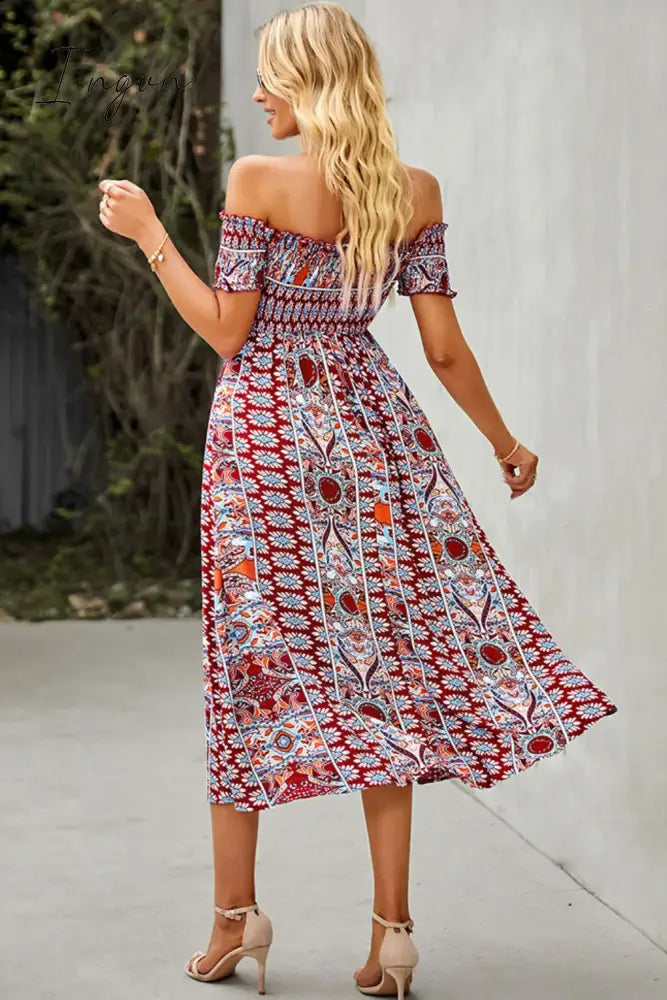 Ingvn - Bohemian Off-Shoulder Frill Trim Split Dress