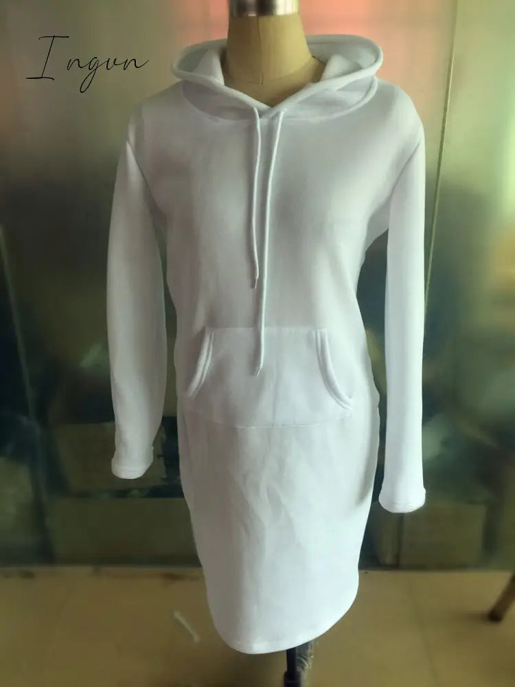 Ingvn - Autumn And Winter Hoodie Dress Elegant Long Sleeve Pocket Combining Casual Women's Midi Dresses