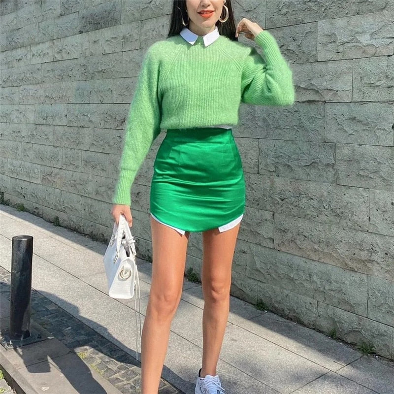 Women Skirts  Summer Fashion Silk Satin High-Waisted Skirt Woman Sexy Party Bag Hip Side zipper Mini Skirt Female