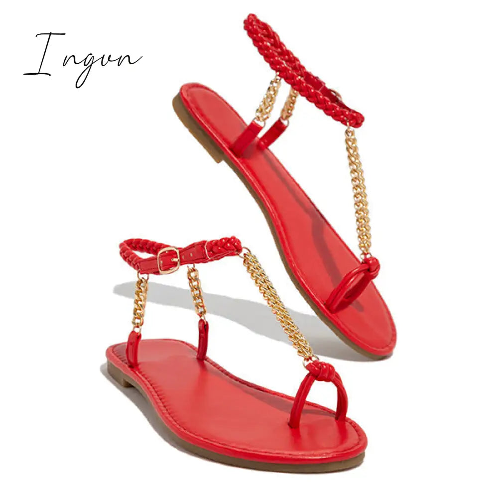 Ingvn - Gold-Tone Chain Braided Ankle Strap Toe Loop Sandals