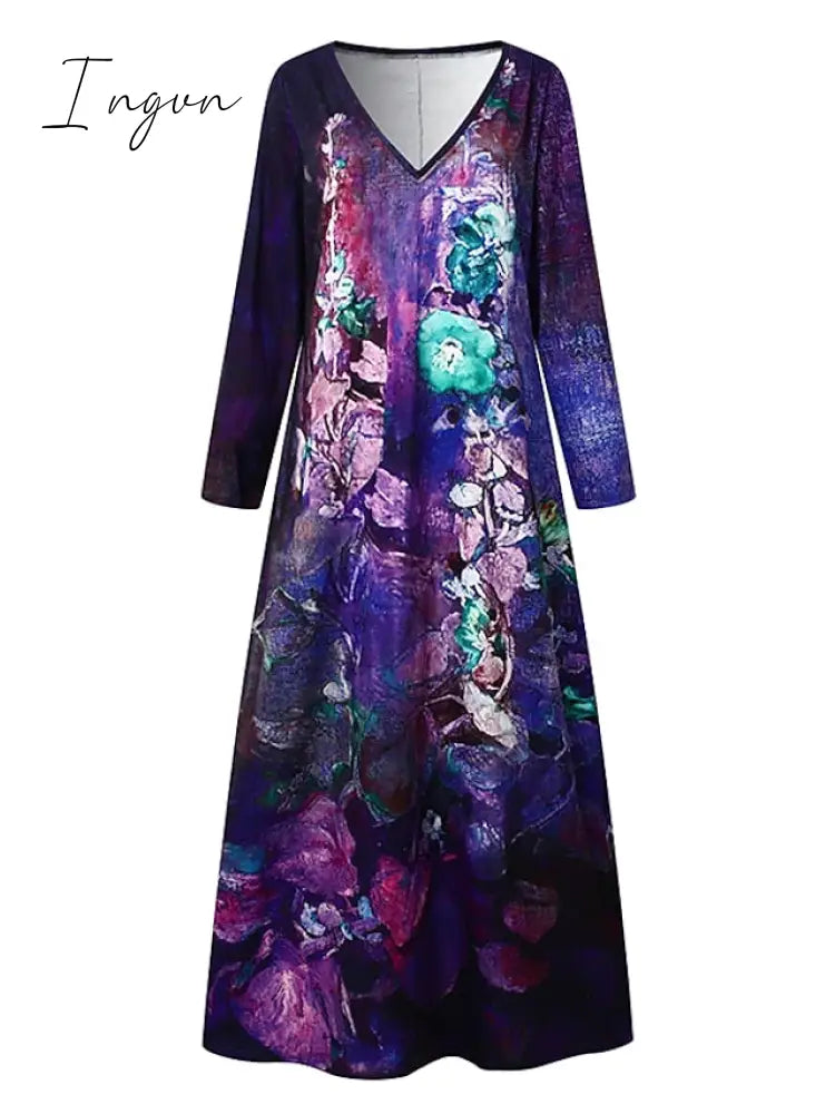 Ingvn - Women's Casual Dress Ethnic Dress Long Dress Maxi Dress Green 3/4 Length Sleeve Floral Print Summer Spring Fall V Neck Classic Vacation 2023 S M L XL XXL 3XL 4XL