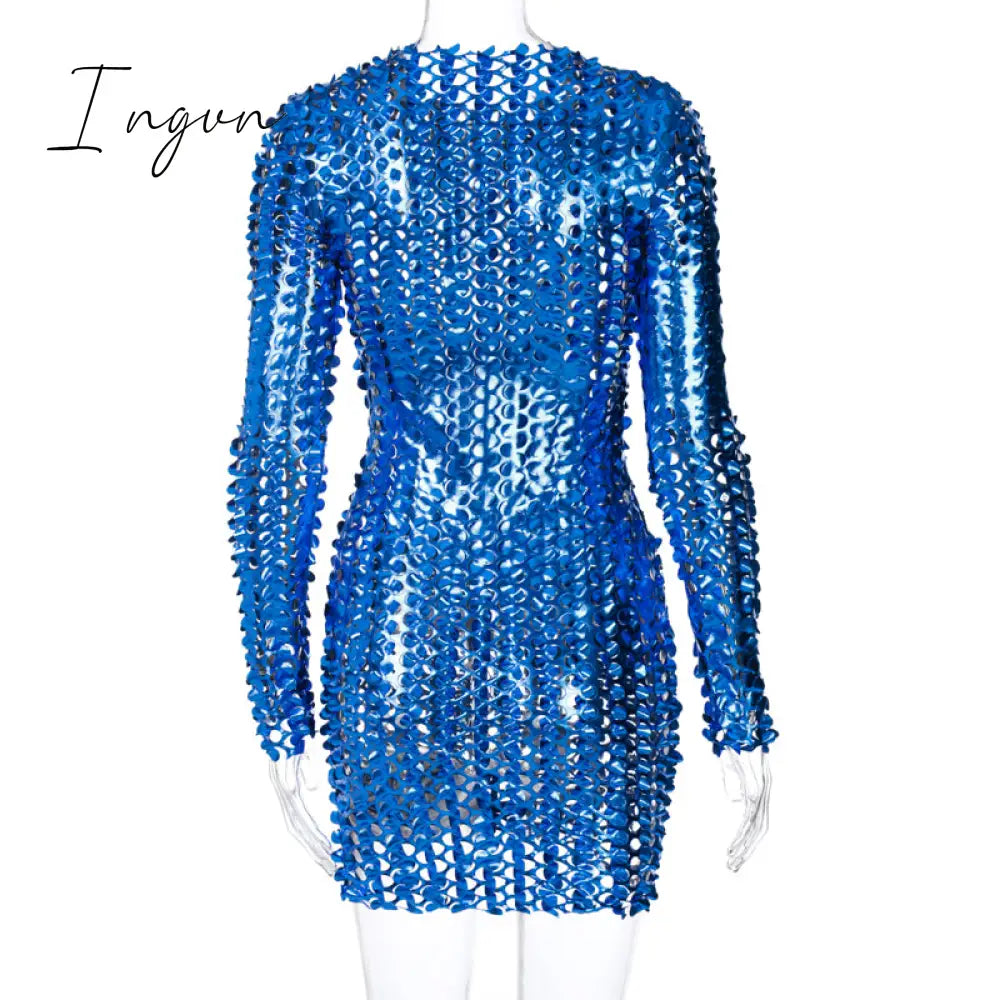Ingvn - Long Sleeve Cut Out Solid Skinny Sexy Mini Dress Autumn Winter Women Fashion Party Club Elegant Outfits
