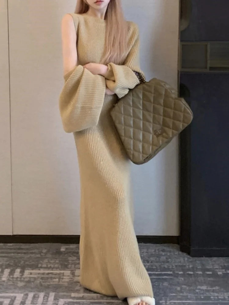 Autumn Solid Knitted Dress Suits Loose Cardigan + Evening Party Slim Long Dresses Winter Sweater Two Piece Set Female Clothes