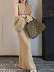 Autumn Solid Knitted Dress Suits Loose Cardigan + Evening Party Slim Long Dresses Winter Sweater Two Piece Set Female Clothes