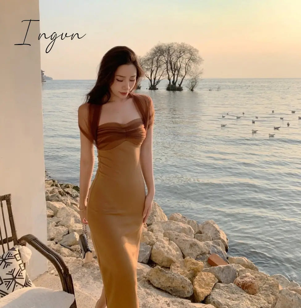 Ingvn - New Years Eve Dresses For Women Spring Summer Sexy Halter Mesh Patchwork Midi Dress Elegant Bodycon Slim Party Vestidos Female Fashion Vintage Clothes