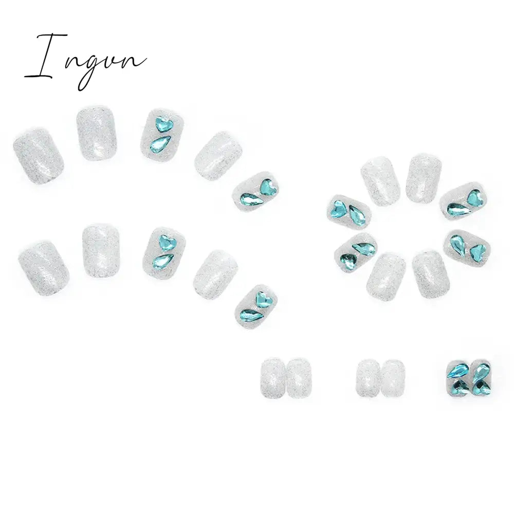 24pcs/Box Gradient Nail Art Patches False Nails Short Square Nail Blue Starry Glitter Teardrop Diamond Fake Nail Tips
