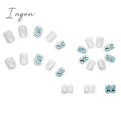 24pcs/Box Gradient Nail Art Patches False Nails Short Square Nail Blue Starry Glitter Teardrop Diamond Fake Nail Tips