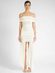 Mesh Off-shoulder Backless Sexy Maxi Dress For Women Fashion Strapless Sleeveless Split Ruched Bodycon Club Party Dress