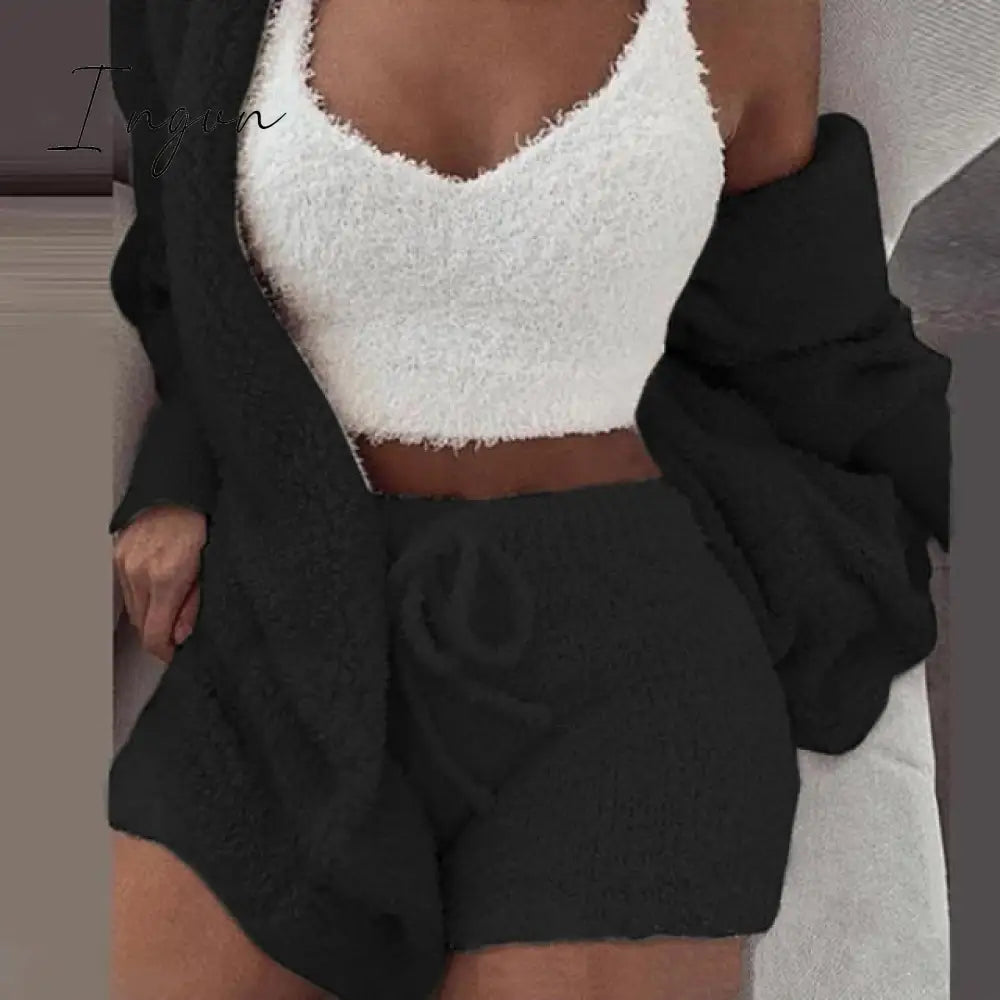 Ingvn - Three Piece Sexy Fluffy Outfits Plush Velvet Hooded Cardigan Coat+Shorts+Crop Top Women Tracksuit Sets Casual Sports Sweatshirt