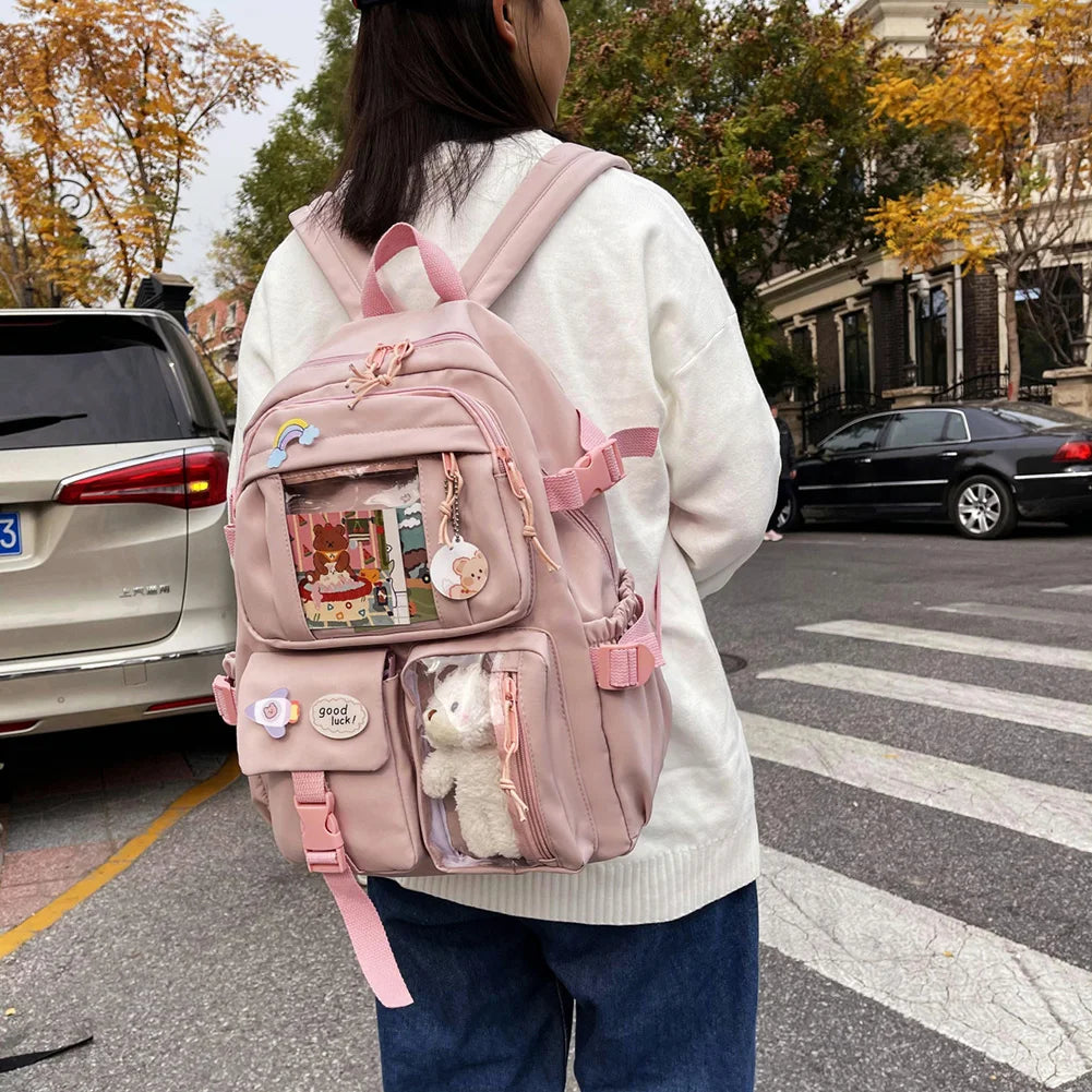 INGVN  Kawaii Aesthetic Women Backpack School Bag for Teen Girls Japanese Korean Rucksack Student Bookbags with Cute Accessor Mochila