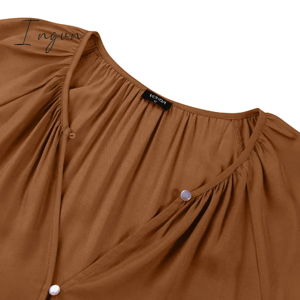 Ingvn - Loose Dress Autumn Women Long Sleeve Solid V Neck Party Dress Casual Loose Ruffled Pleated Party Vestido Robe