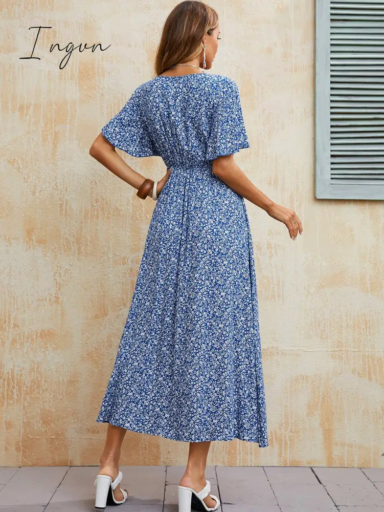 Ingvn - Ladies Vintage Boho Print Summer Dress Women Casual Blue Elastic Waist Bohemian Beach Sundress Women Dress Robe Vestidos Female