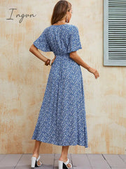 Ingvn - Ladies Vintage Boho Print Summer Dress Women Casual Blue Elastic Waist Bohemian Beach Sundress Women Dress Robe Vestidos Female