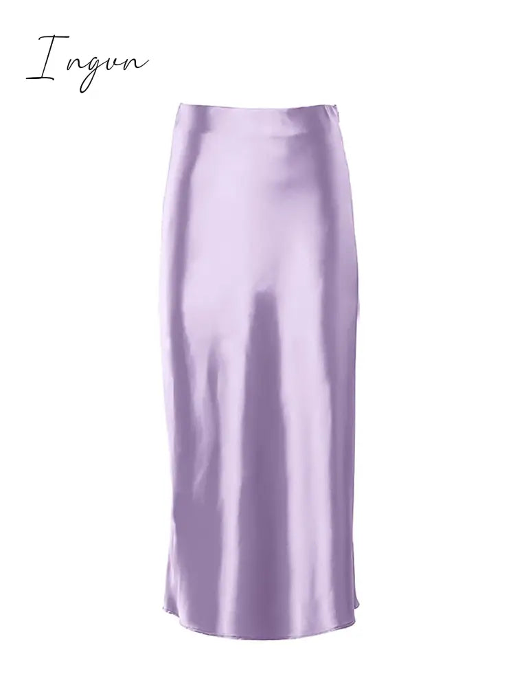 Ingvn - Solid Purple Satin Silk Skirt Women High Waisted Summer Long Skirt New Elegant Ladies Office Skirts Midi Spring