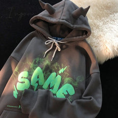 Ingvn - Retro little horns design sense oversize hooded sweater women fall/winter new loose lazy style student couple top clothes