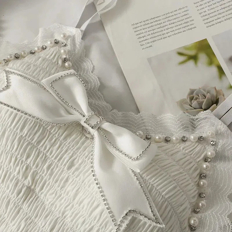 Summer Lace Bow Camisole for Women Pleated Crop Tops Vintage Clothes Harajuku Solid Sexy Ladies Sweet Elegant Camisole