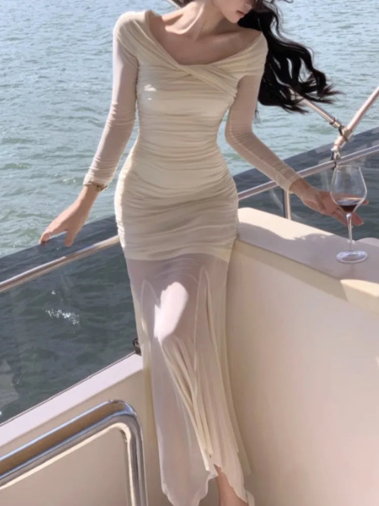 Elegant Mesh Long Sleeve Midi Dresses for Women Autumn Fashion Vintage Slim Party Sexy Evening Vestidos Female Clothes Robe