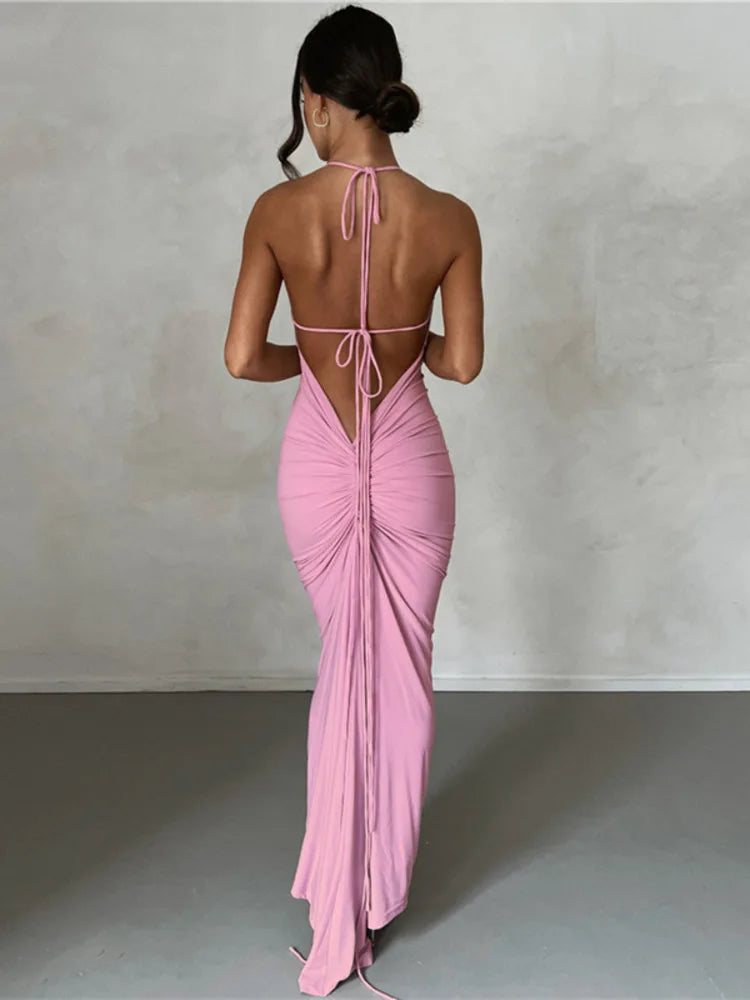 Spaghetti Strap Backless Ruched Maxi Dress For Women Robe Sleeveless Wrap Hip Bodycon Party Long Dress Vestidos