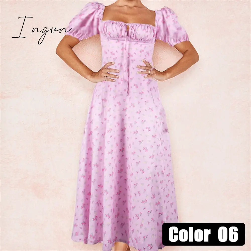 Ingvn - womens fashion Vintage Square Collar Printed Dress Women Sweet Puff Sleeve Slim Long Casual Split Spring Summer Floral Dress Ladies New